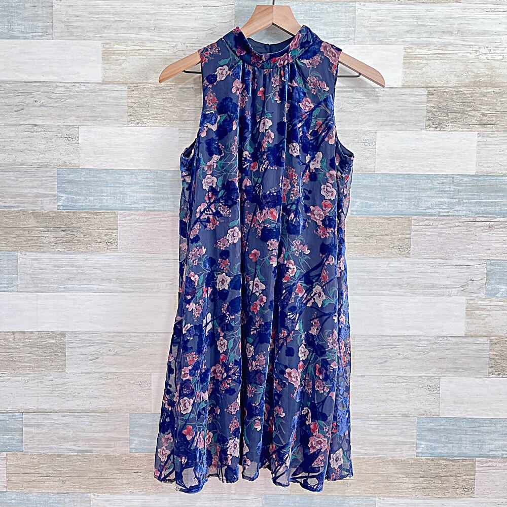 Tommy Hilfiger Floral Burnout Velvet Halter Mini Dress Blue Womens 8P 8 Petite